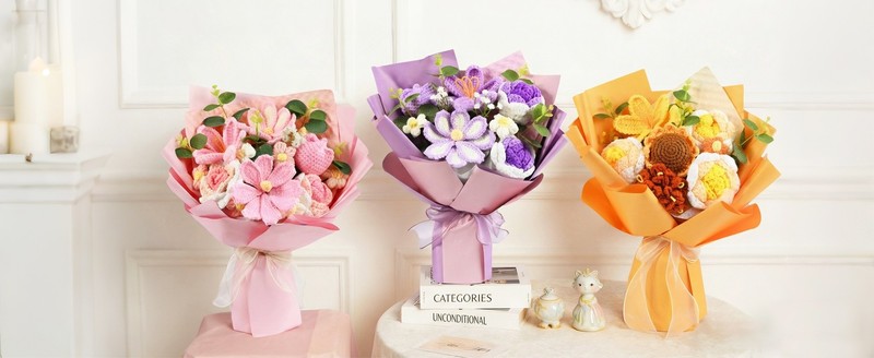18Pcs Handmade Crochet Flower Bouquet Knitted Yarn Flowers with Bag & Card gallery