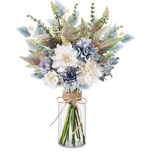 Fake Flowers in Vase Artificial Flowers Coffee Table Decor, Faux Blue White