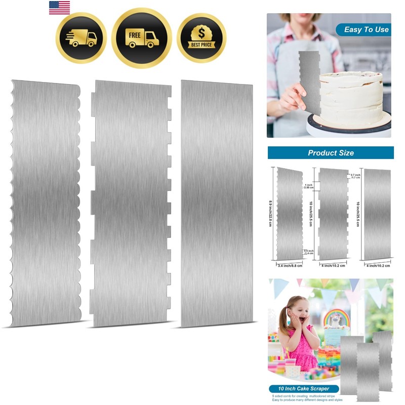 3 Pieces Stainless Steel Cake Scraper 10 Inch and 9 Inch Large Double Sided P…