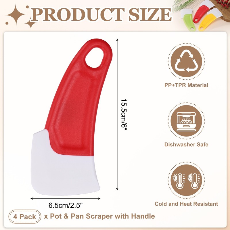 4 Pack Pot & Pan Scraper with Handle | Dish Cleaning Spatula (Red) gallery