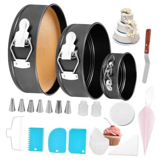 102Pcs Cake Pan Set Cake Decorating Kit with 3 Nonstick Round Springform Silver gallery