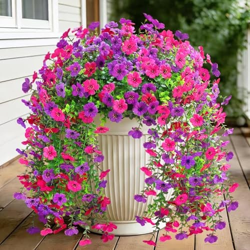 Artificial Fake Flowers for Outdoors,2PCS Faux Hanging Flowers Purple Hot Pink