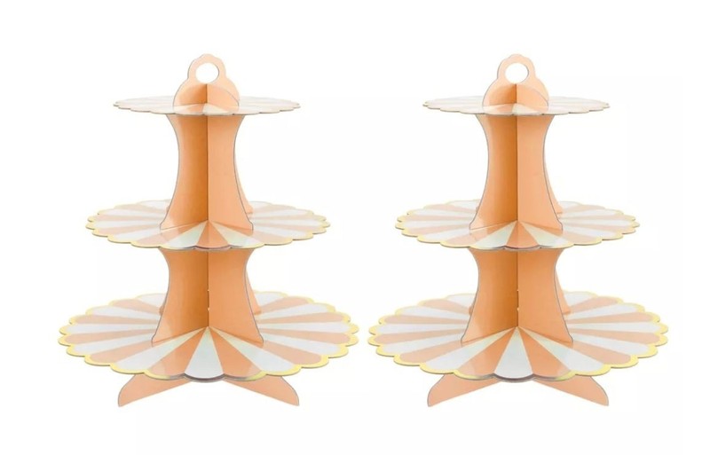 3-Tier Cardboard Cupcake Stand With Gold Trim, Orange & White Design, Easy Assem