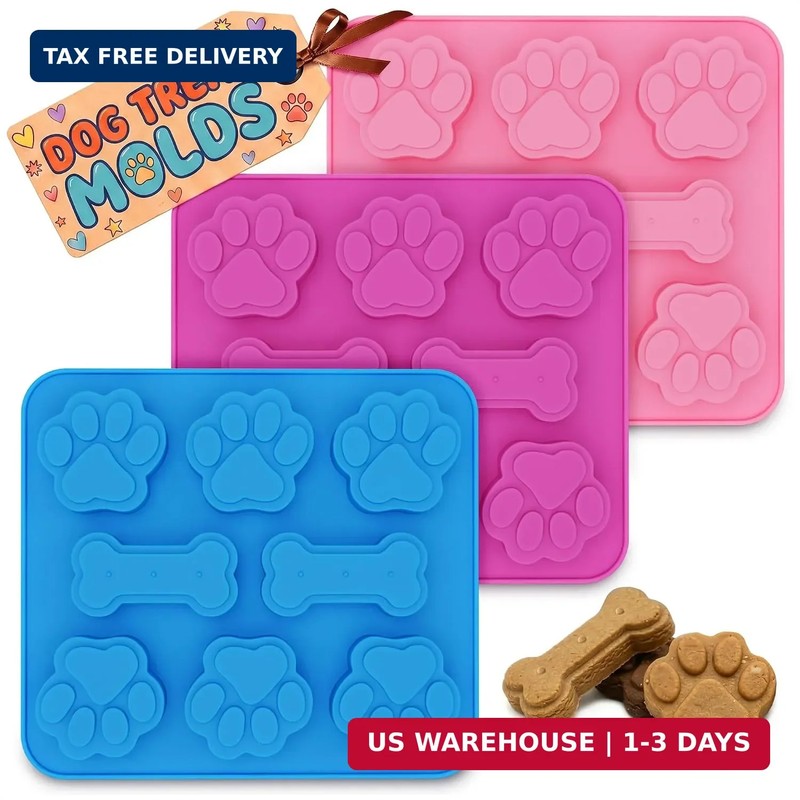 3 Pcs Dog Treat Molds Silicone, Bone & Paw Shapes, Non-Stick | Dog Molds for Fro