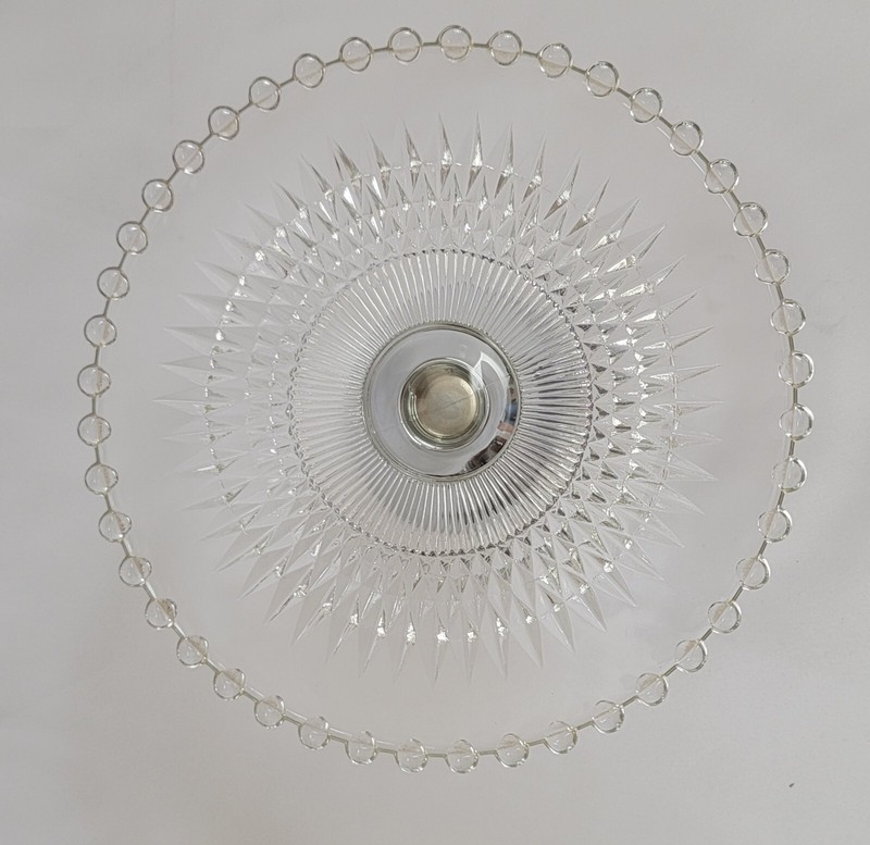 Vintage Starburst Glass Cake Cupcake Cheese Stand Beaded Design Metal Bottom gallery