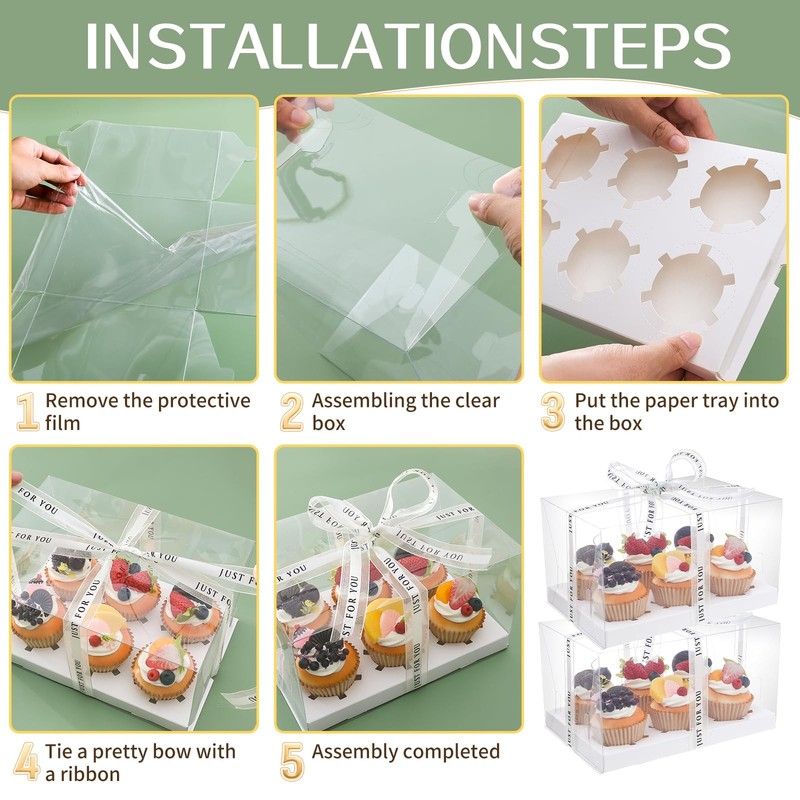 5 Pcs clear cupcake boxes with complimentary gift ribbon, 6 Count cup contain... gallery
