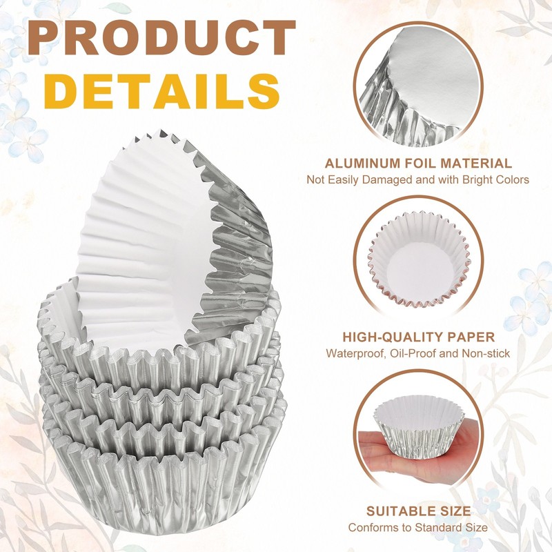 Foil Cupcake Liners 100Pcs with 5Pcs Cake Toppers for Baking, Silver gallery