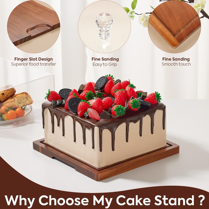 Acacia Wood Cake Stand with Lid-Cake Holder with Dome, 2-in-1 Dessert Table D... gallery