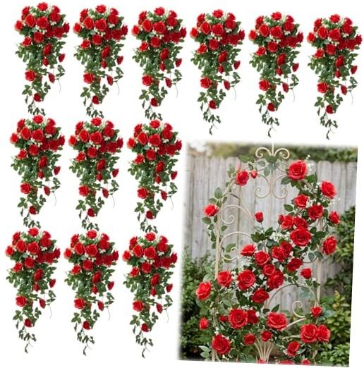 Daifunli Pcs Artificial Hanging Rose Flowers Fake Rose Vine Garlands UV 12 Red
