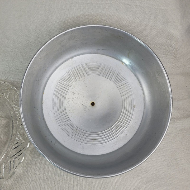 Vintage Spun Aluminum Cake Carrier Dome with Pressed Glass Platter Base Set gallery
