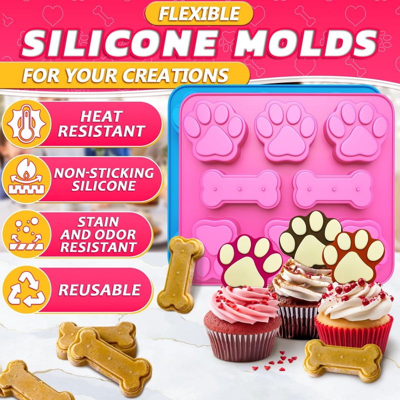 2 Pcs Silicone Dog Treat Molds Frozen Baking Bone Puppy Paw Shapes Non-Stick gallery