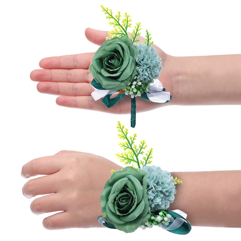 Rose Flower Wrist Corsage and Boutonnieres Set for Wedding Prom, Dark Green