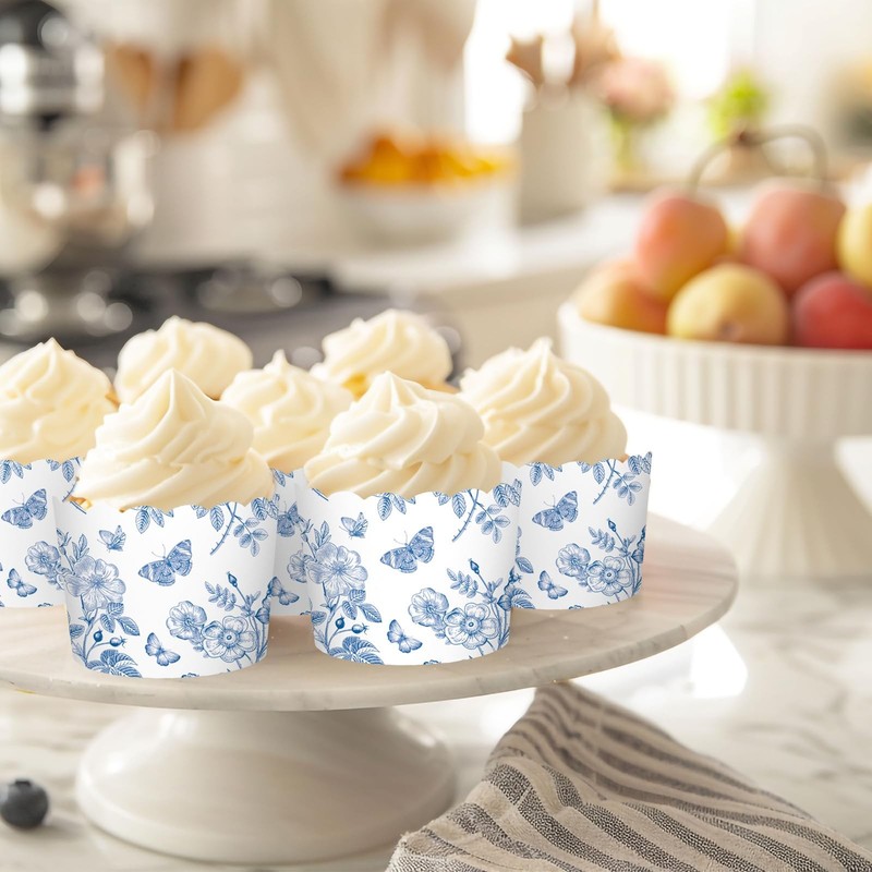 100Pcs Blue and White Floral Cupcake Liner Butterfly Flower Baking Cup Chinoi... gallery