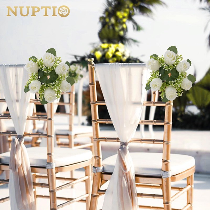NUPTIO 9.05" White Artificial Rose Flower Wreath for Table Centerpieces, 6-Pack gallery