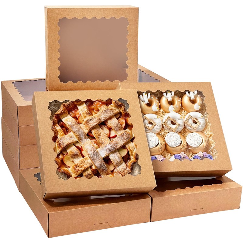 20pcs Brown Pie Boxes, 12x12x3, Auto Pop Up, Window, Macaroon, Cookie, Bakery