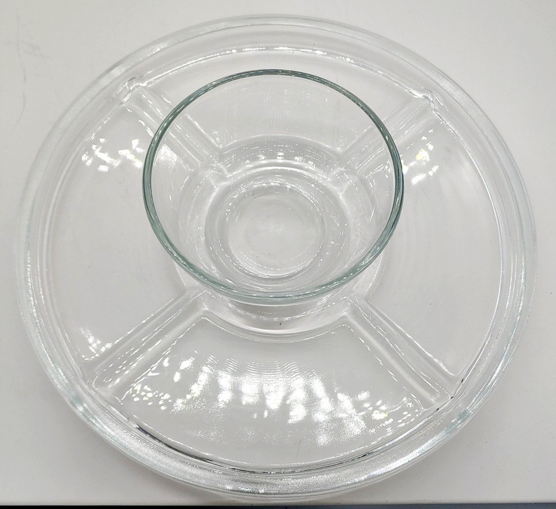 Clear Glass Relish Tray Chip and Dip Bowl Converts to Cake Stand-11 inch Vintage gallery