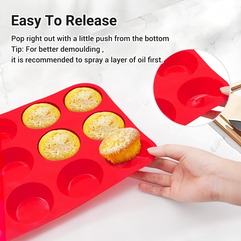 Redfly 2 Pack Silicone Muffin Pan & Cupcake Pans 2pcs: 12-Cup Regular, Red gallery