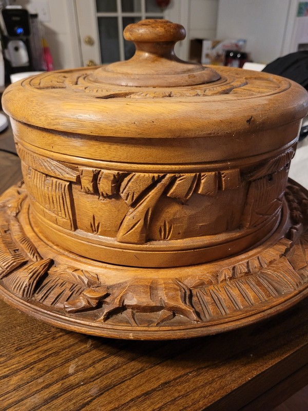vintage wooden cake stand, hand carved with lazy susan, small Crack on lid gallery