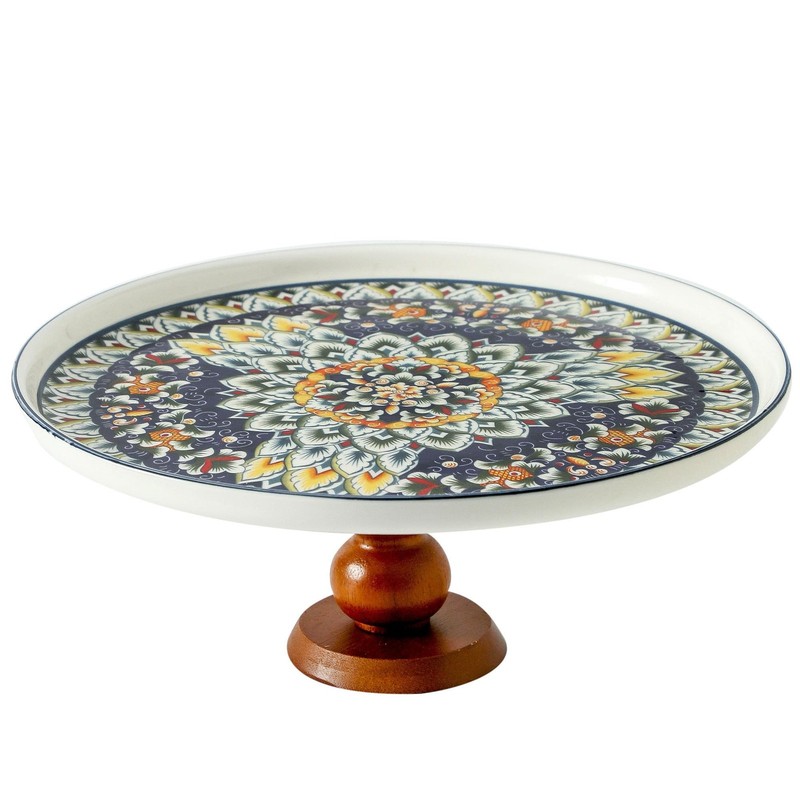 Ceramic Cake Stand with Elegant Wood Curved Footed, 10” Versatile Dessert Sta…