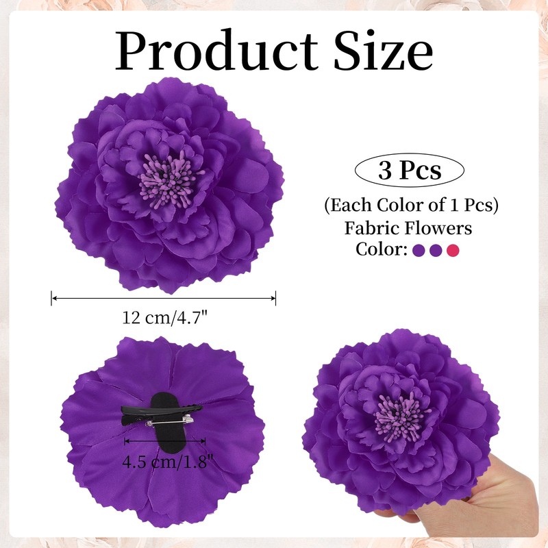 3Pcs Peony Flowers Hair Clip 4.7" Artificial Flower Purple/Orange/Rose Red gallery