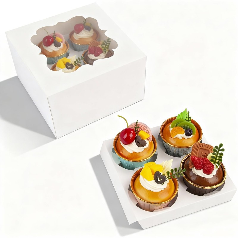 20 PCS Cupcake Boxes Window 6.5×6.5×3 Inch 4Compartment Insert Bakery White