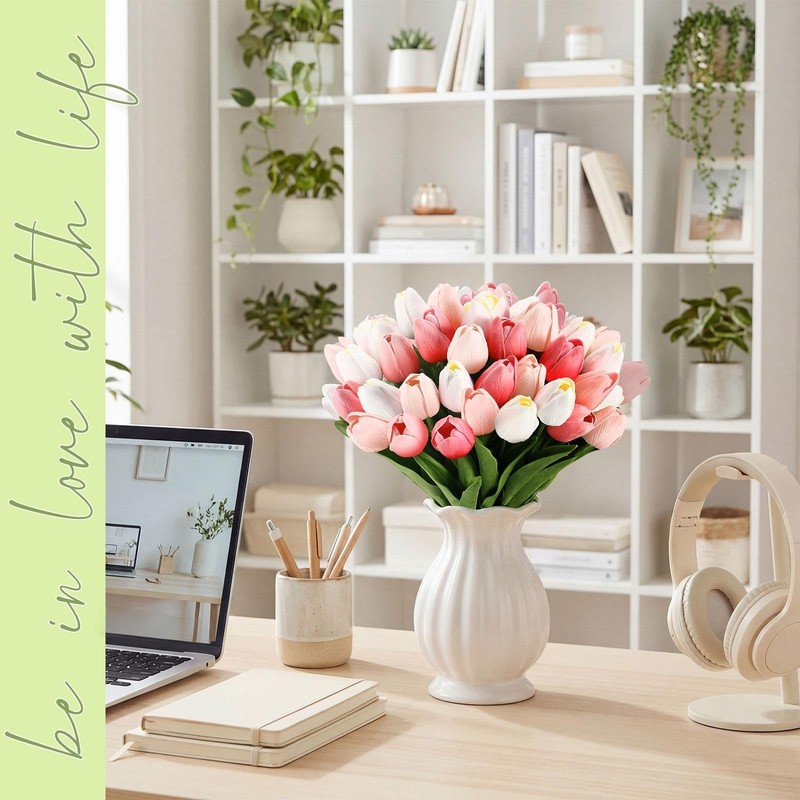Janinka 150Pcs Artificial Tulip Flowers Fake Pu Tulips Faux Latex Bouquet gallery