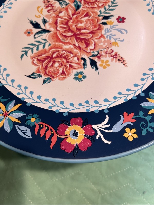 Pioneer Woman Metal Floral Cake Plate Pedestal Blue VGUC gallery