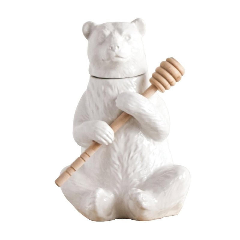 White Bear Shaped Honey Pot with Lid & Dipper