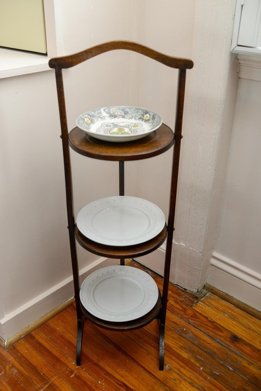Oak Edwardian English Tilting Muffin Cake Stand Folding Server gallery