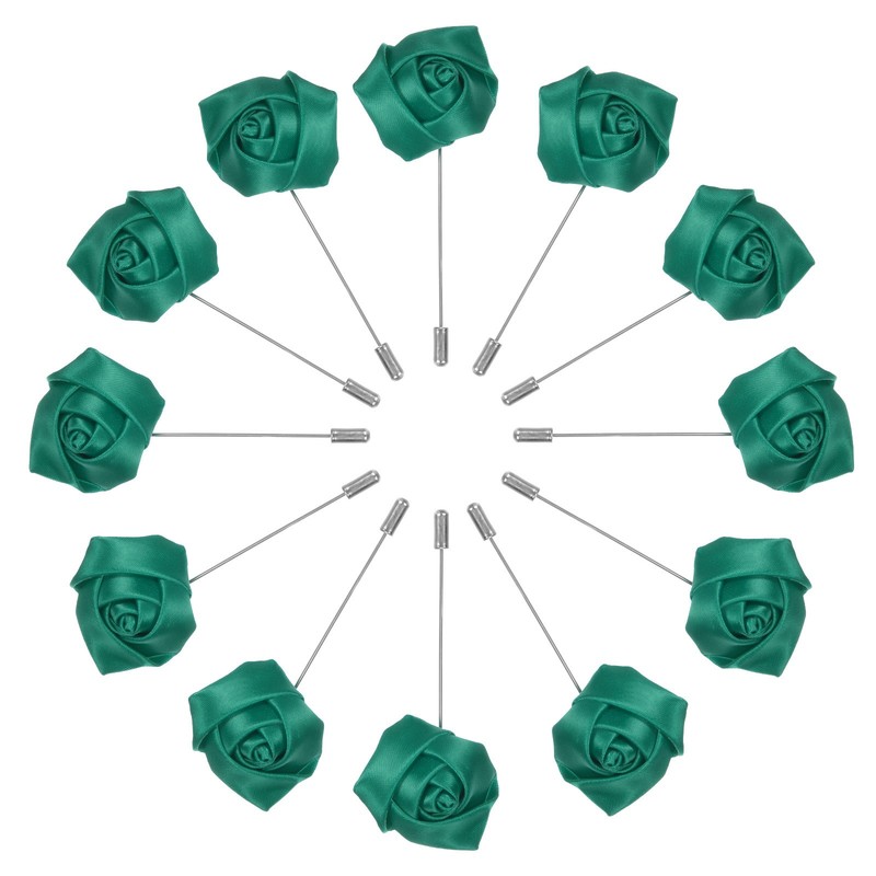 12-Pack Rose Boutonnieres, Lapel Pin Boutonnieres for Men Wedding [Dark Green]