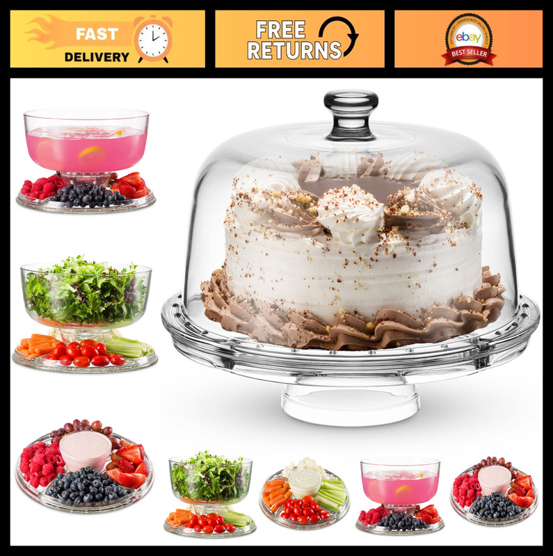 Multi-Purpose Crystal Cake Stand with Dome Lid – 6 in 1 Serving Platter, Salad B