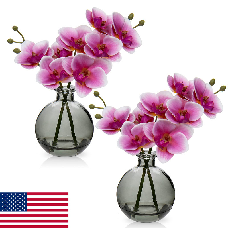 Oairse Pink Artificial Orchid Flowers Arrangement Black Glass Vase 10″