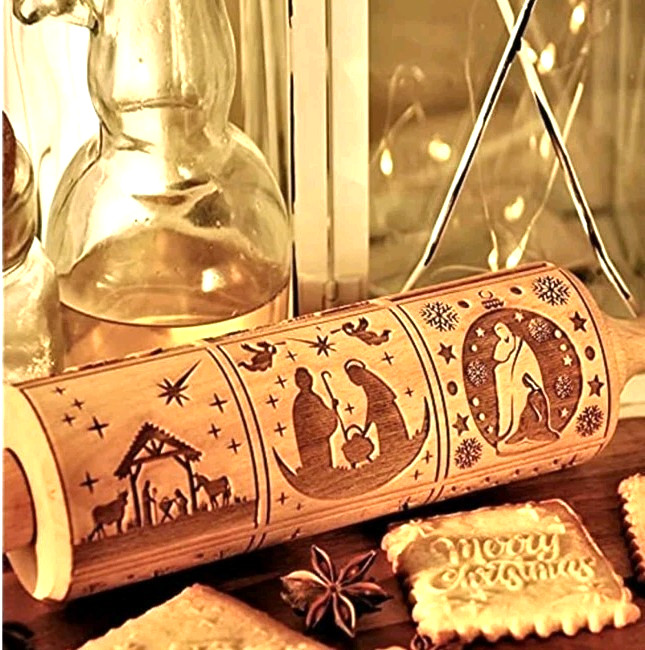 Engraving Embossing Wood Rolling Pin Christmas Nativity 9 Scenes 13.75″x 1.75″