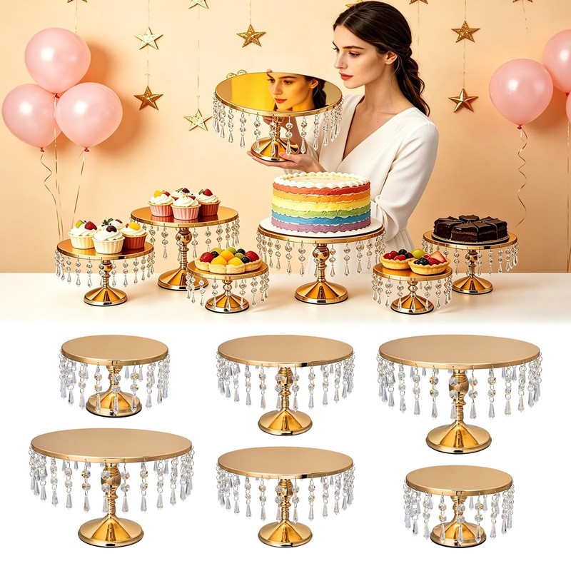 6 PCS Gold Cake Stand Set with Crystal Pendants - Dessert Table Display Set, ...