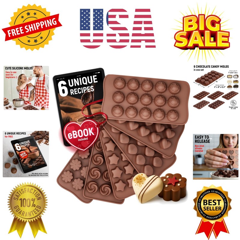 Chocolate Moulds Silicone - Set of 6 - Non-Stick & Food Grade Silicone Chocol...