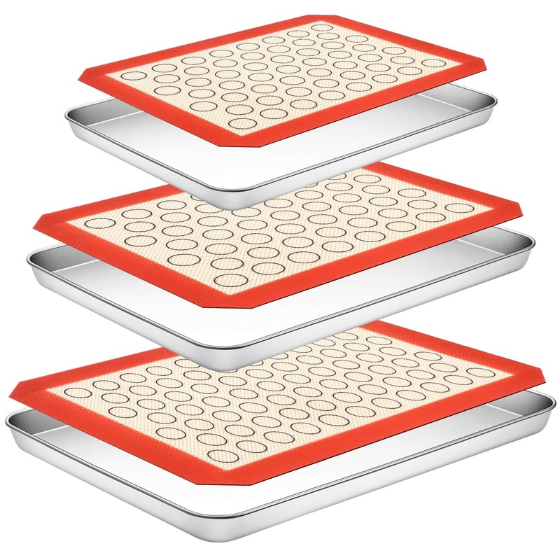 Baking Sheet with Silicone Mat Set,CEKEE 9+12+16 Inch, Silver