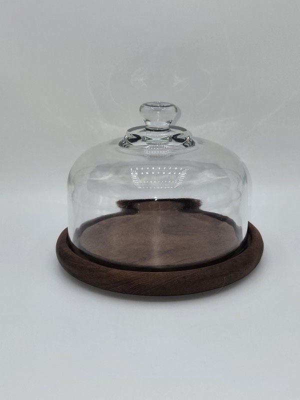 Vintage Goodwood Teak Wood Cheese Dome Cake Stand with Glass Cloche Lid 7.5″