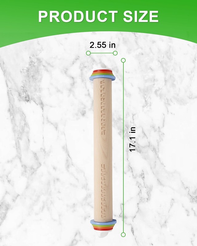 16.7" Rolling Pin with Thickness Rings for Cookies, Dough, Pizza & Pastries, ... gallery