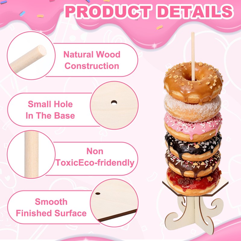 8 Pcs Wood Donut Stands Hexagon with Bracket for Dessert Table, Natural gallery
