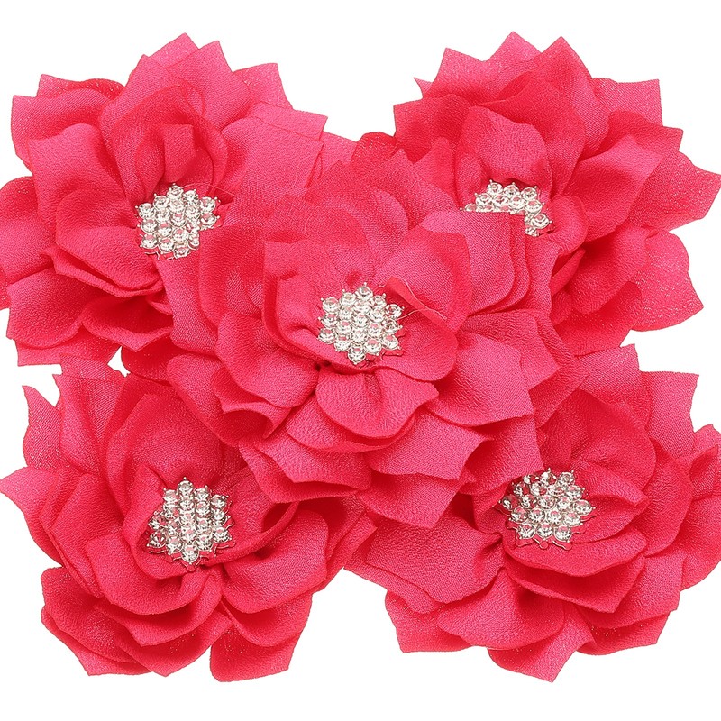 3.5″ Rhinestone Pearl Chiffon Flower, 5 Pcs Sewing Fabric Appliques, Rose Red