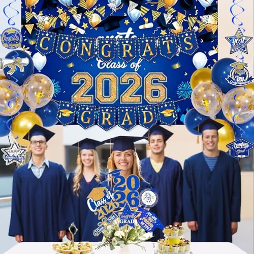 Blue and Gold Graduation Decorations 2026 with Congrats Grad Banner, gallery