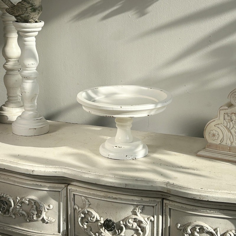 Rustic White Wood Pedestal Tray Stand for Table Decoration,Round Distressed Fini gallery
