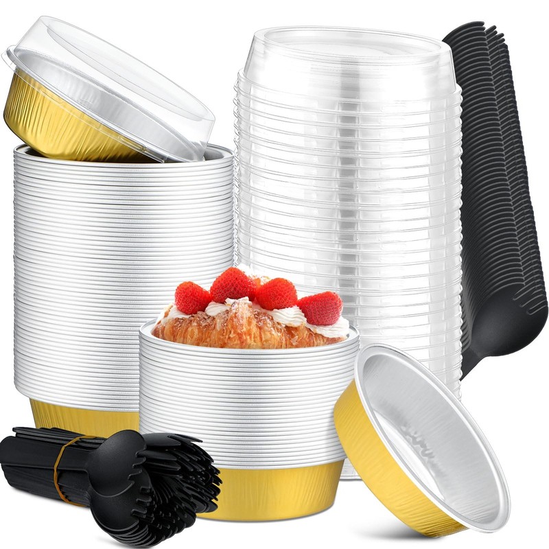 100 Set Aluminum Foil Cupcake Baking Cups with Lids 3 oz Ramekins Muffin Tins…
