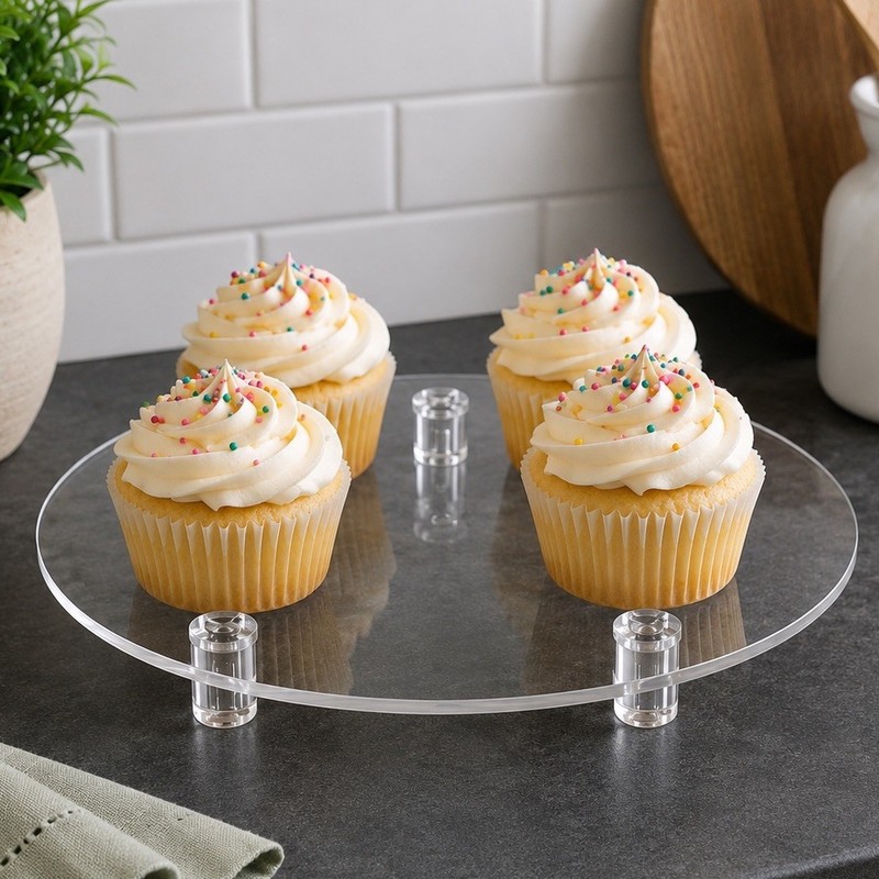 Acrylic Cake Stand 10” Cupcake Server 3 Footed Low Profile Dessert Display Tray