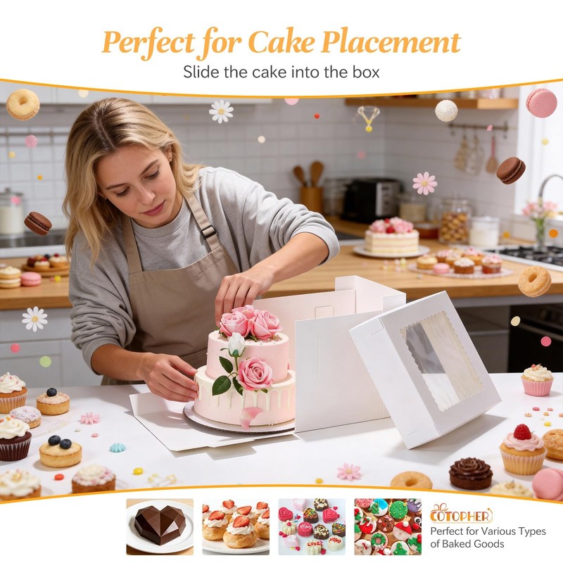 16 Pcs Cake Boxes, 10x10x10 Inches Tall Cake Box with Window (8 Boxes & 8 Boa... gallery