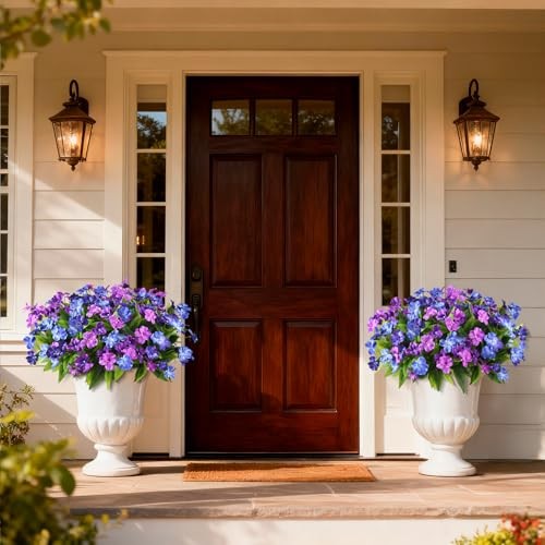 Artificial Fake Flowers for Outdoor, 6 Bundles Double Purple,dark&light Blue gallery