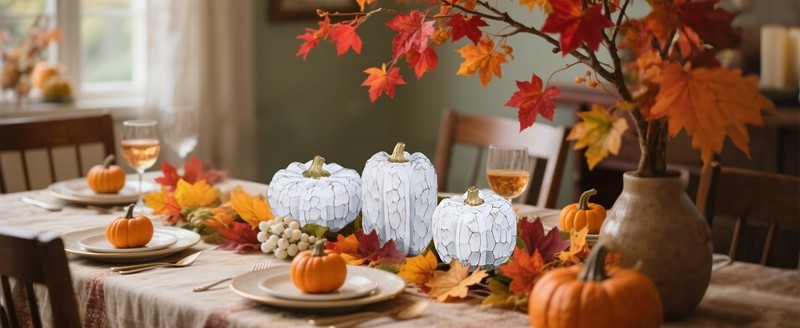 Pumpkins Fall Decorats for Home- Set of 3 Elegant White gallery