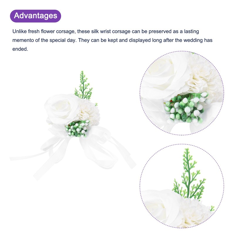 2pcs Wrist Corsage Artificial Flower Bracelets Rose Decorative 10x12cm White gallery