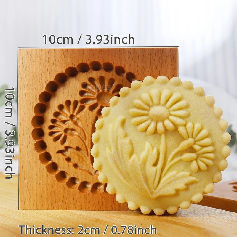 New Wooden Cookie Mold Flower Pattern 3D Embossed Biscuit Cutter FastShipping