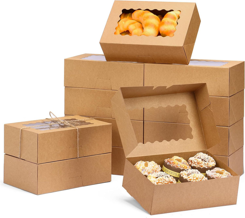 28Pcs Cookie Boxes with Window, 9X6X3 Inch Brown Bakery Boxes Pastry Containers